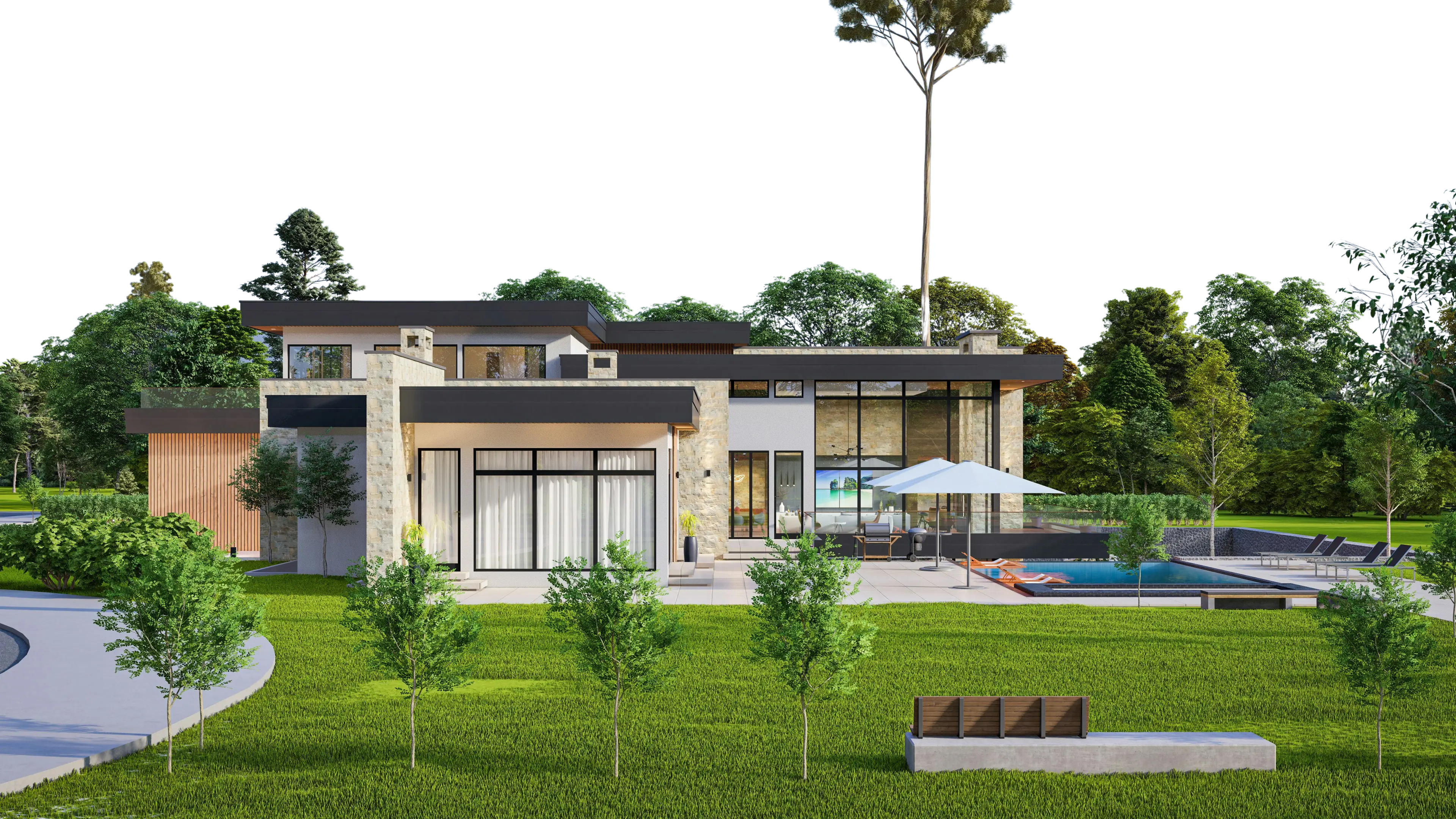 Modern white two-storey house with a pool and palm trees
